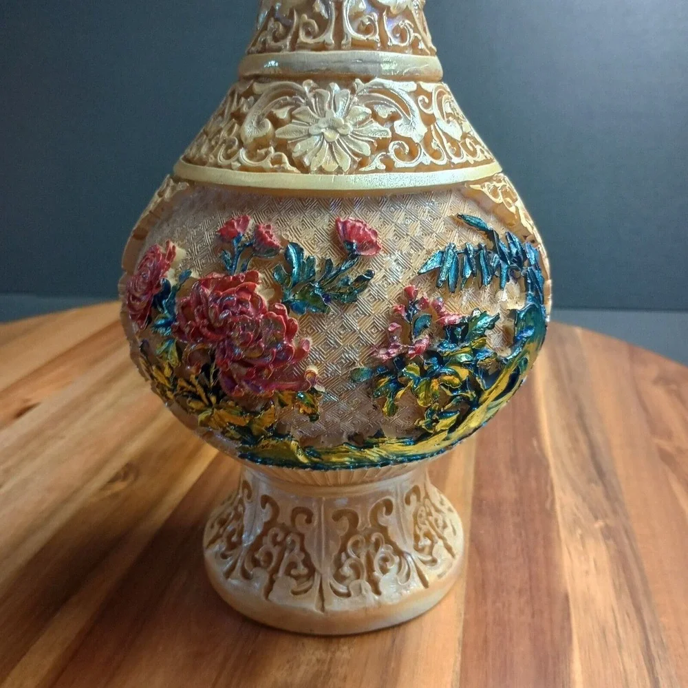 Vintage Antique Carved Resin Vase Asian Japanese Chinese Satsuma Style 12